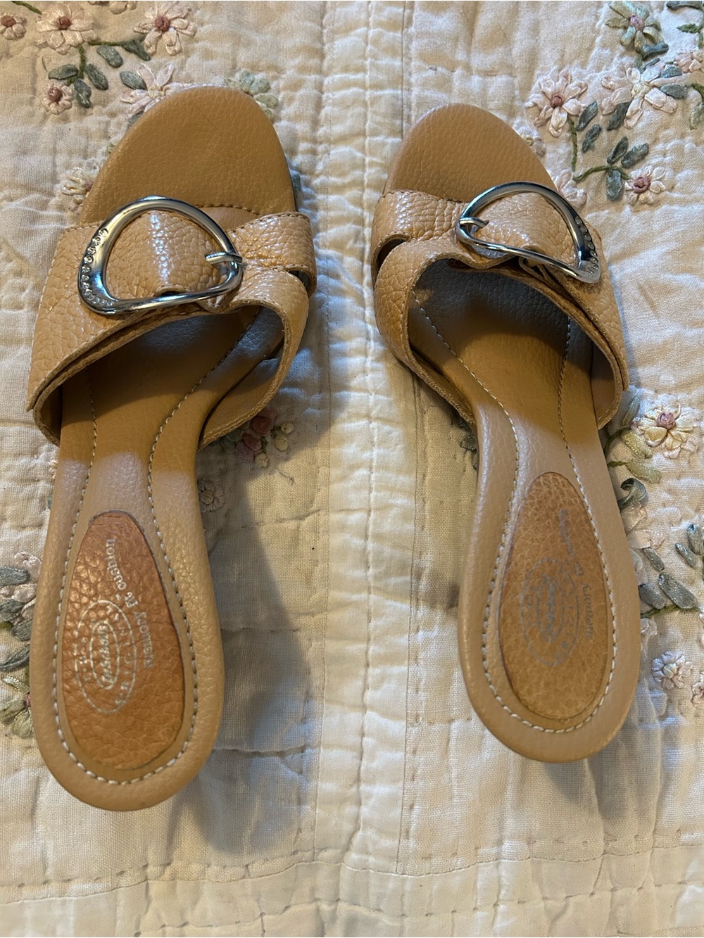 Dr. Scholl's Tan Slide Sandals with Silver Buckle Accent
